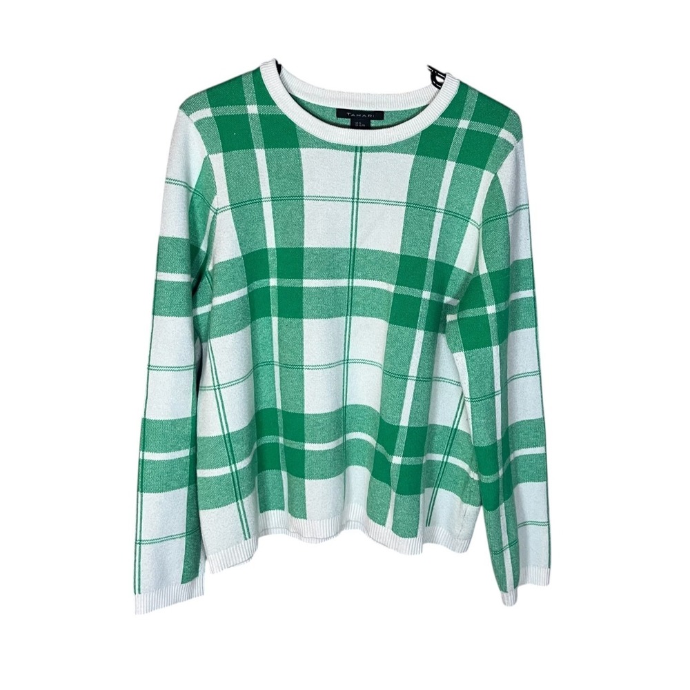Tahari Pullover Sweater Women's XL Green Plaid Crew Neck Long Sleeve Casual